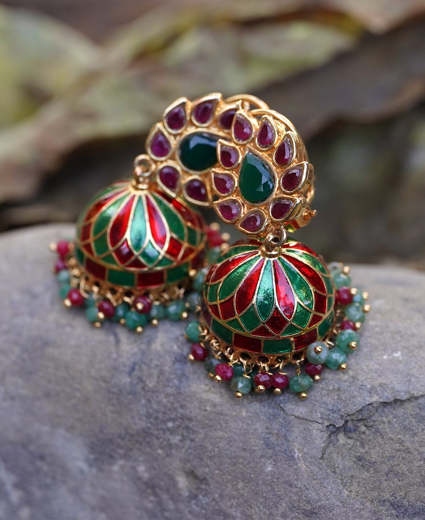 Jade & Ruby Jhumkas with Enamel