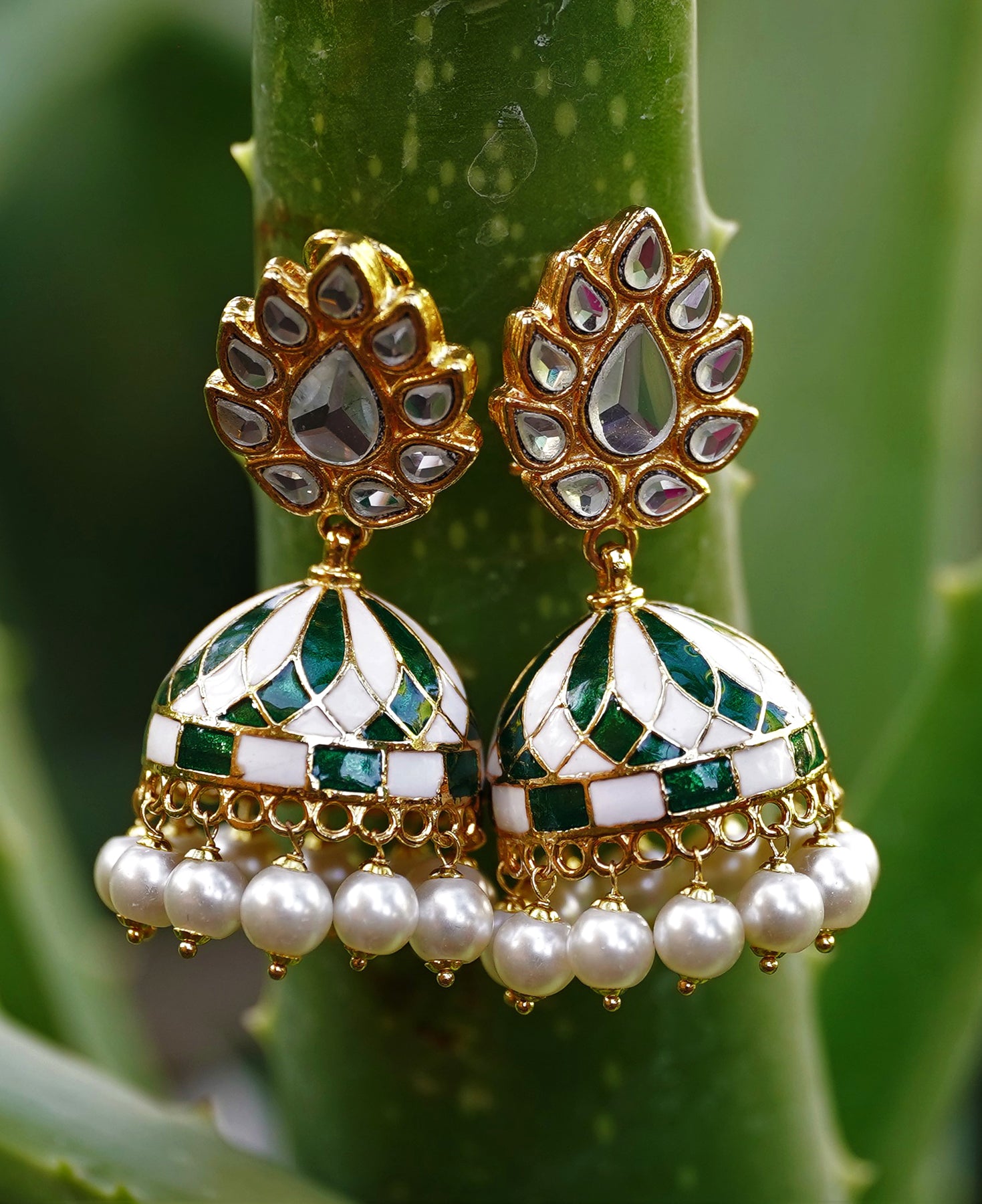Green and White Trendy Kundan Jhumkas