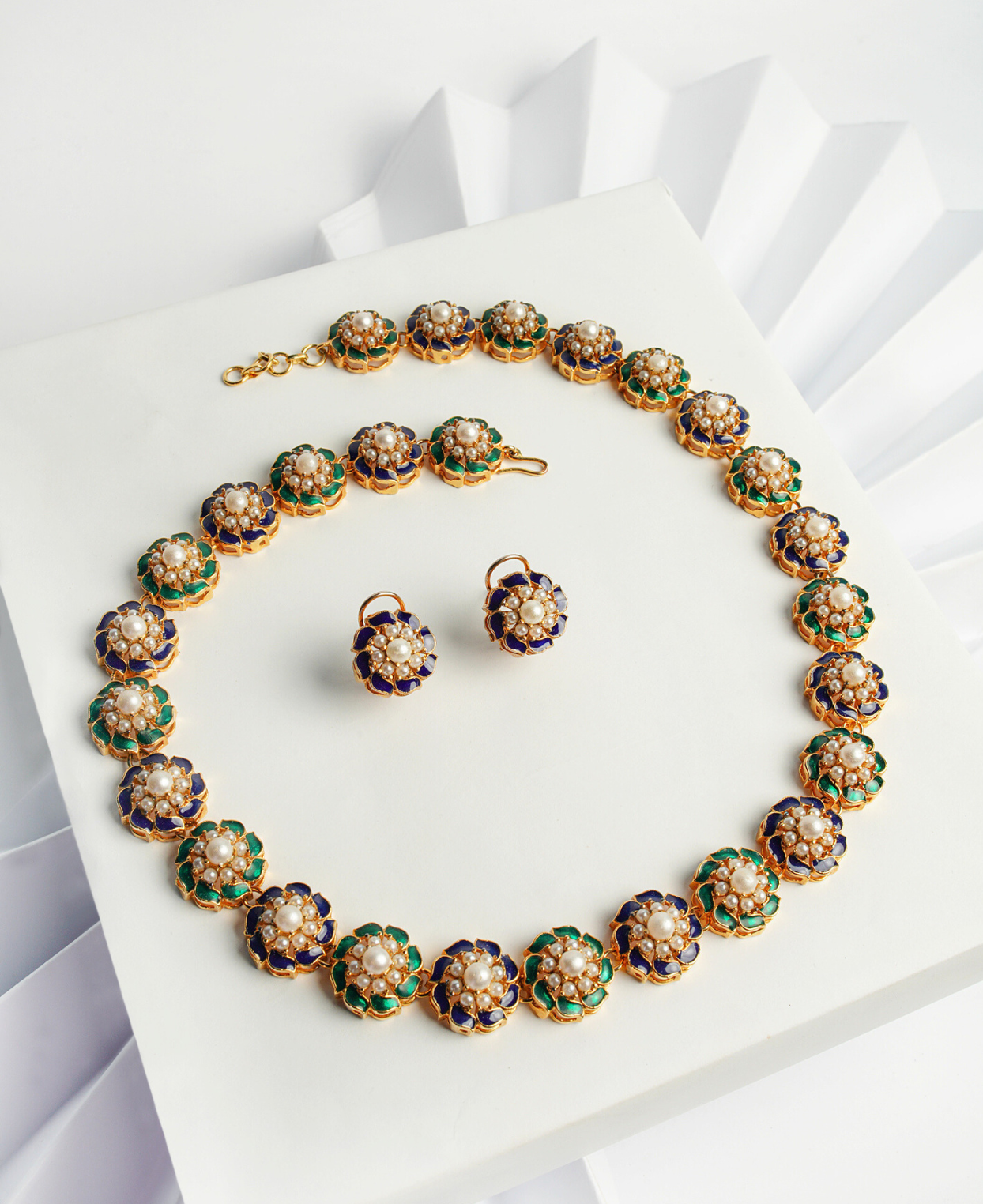 Pearl Green & Blue Enamel Maala