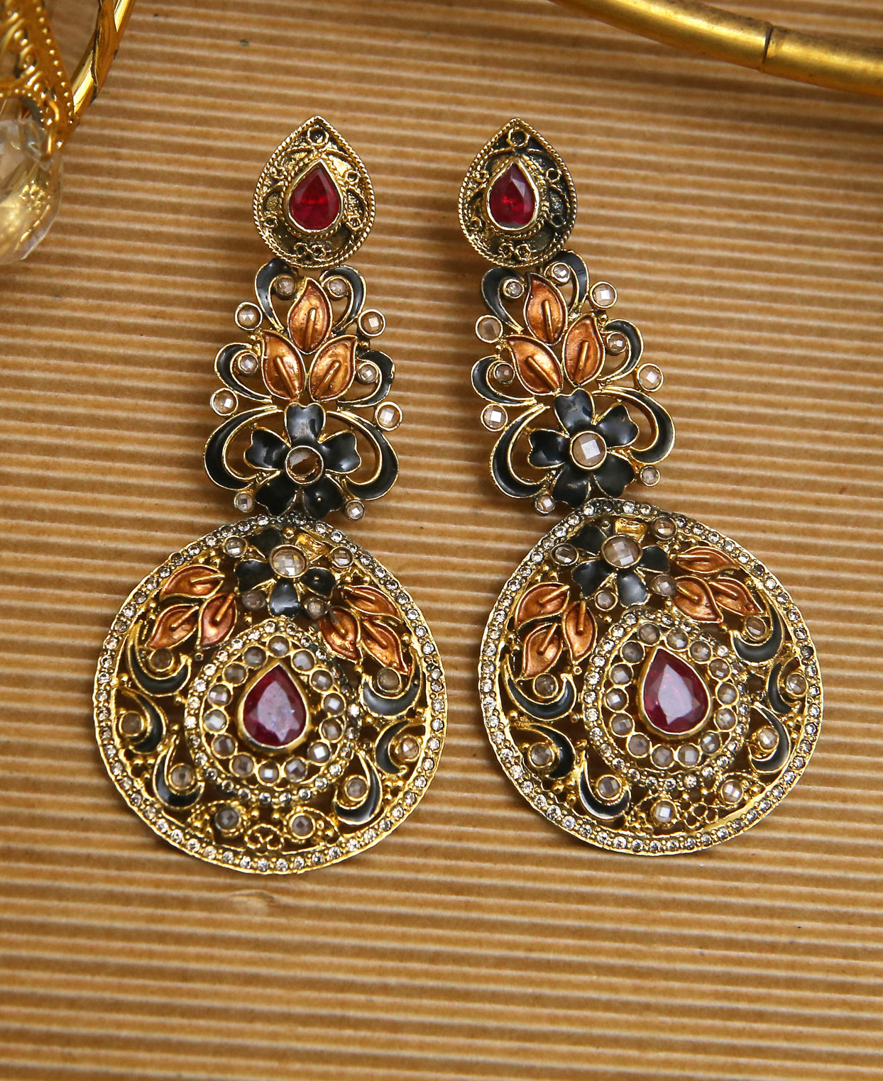 Ruby and Black Meena Earrings
