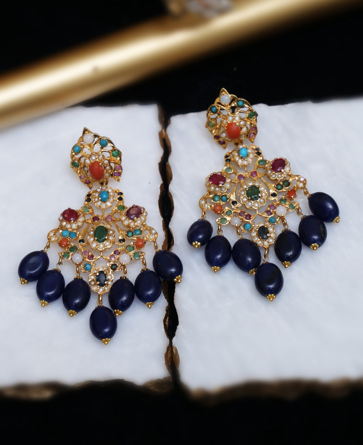 Naurattan with Sapphire Drop Earrings