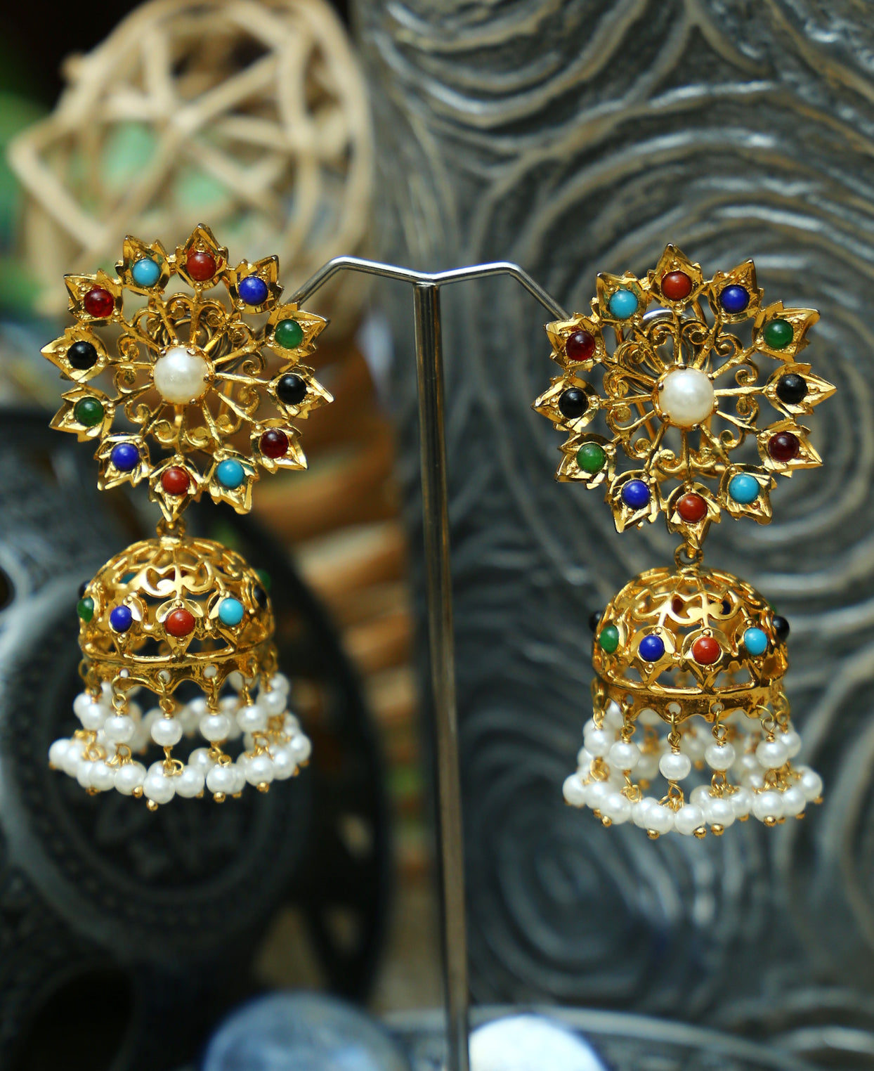 Hyderabadi Lacha Cultured Naurattan Jhumkas