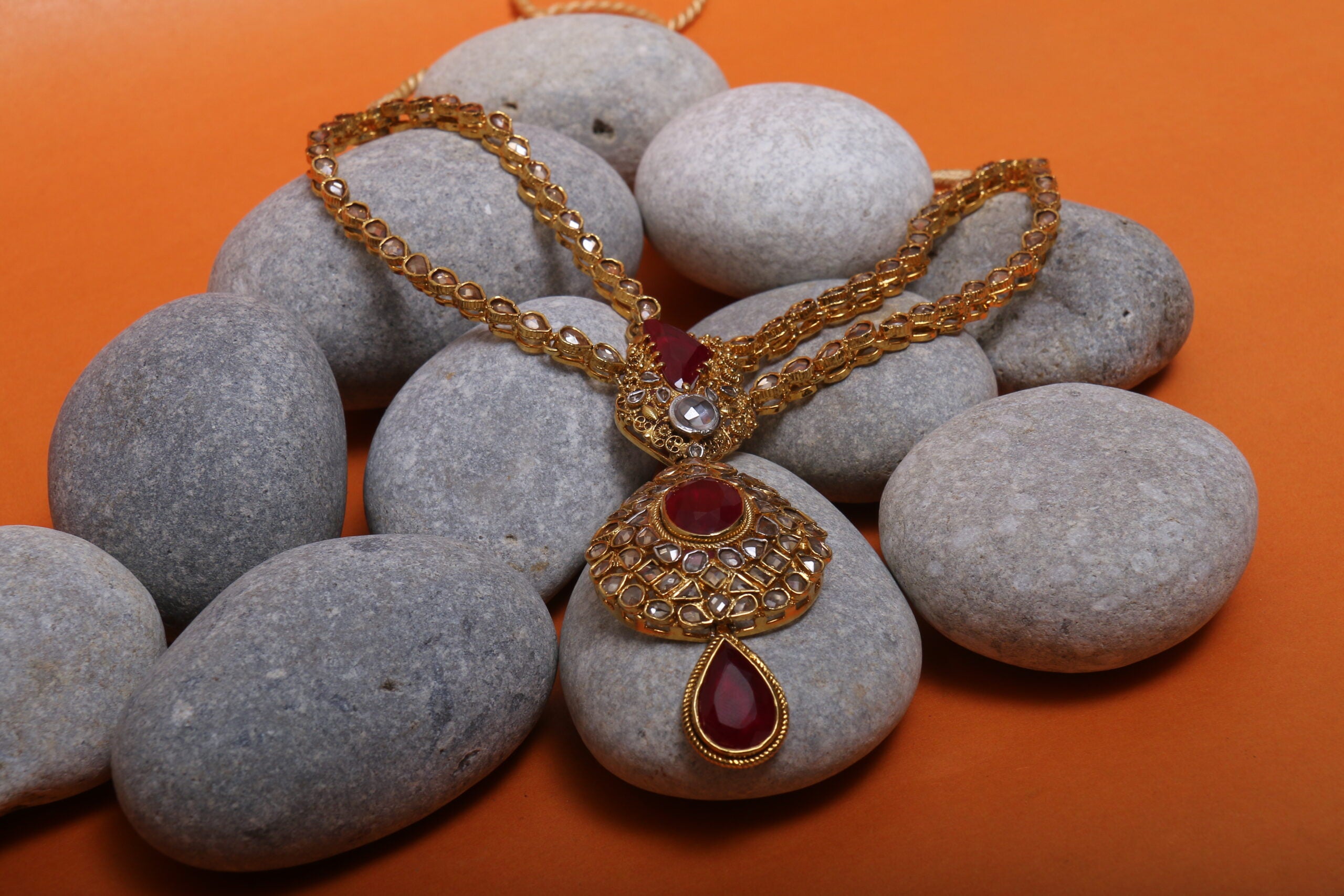The Raani Haar - Bridal Necklace Set in treated Ruby Centres and Grey coloured polkies