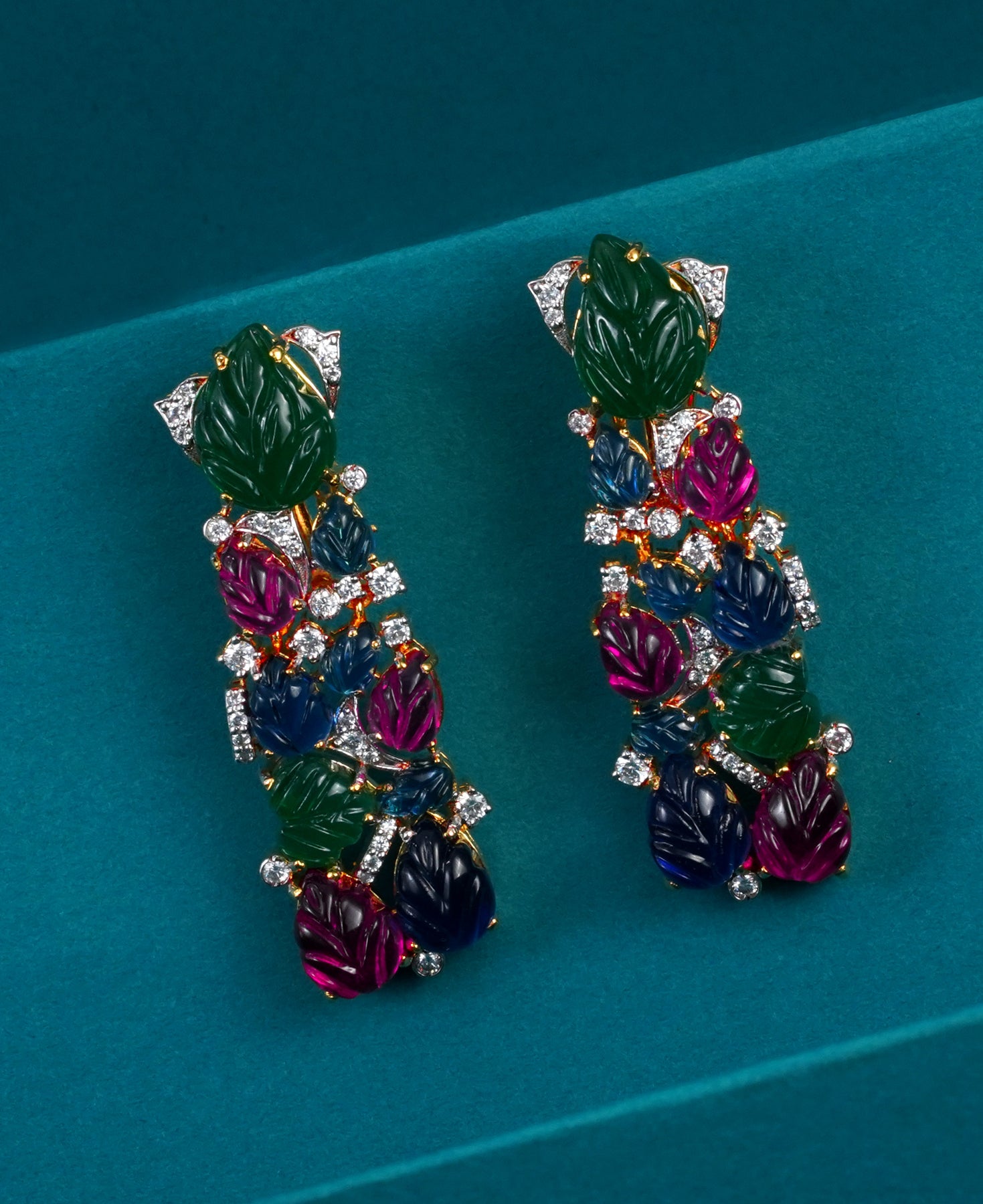 Carved Ruby, Emerald and Sapphire Earrings