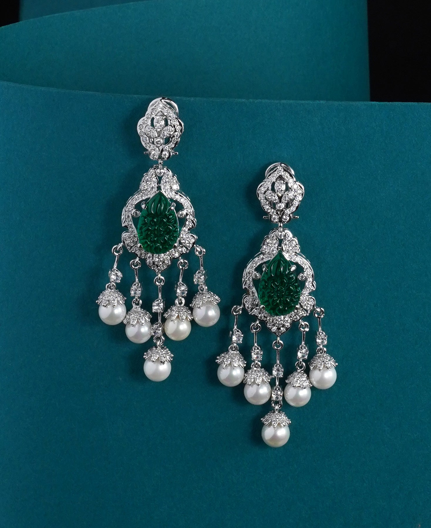 Carved Green & Pearl Princess Earrings