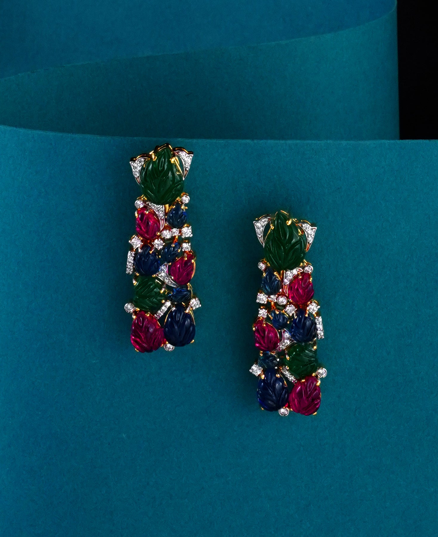 Carved Ruby, Emerald and Sapphire Earrings