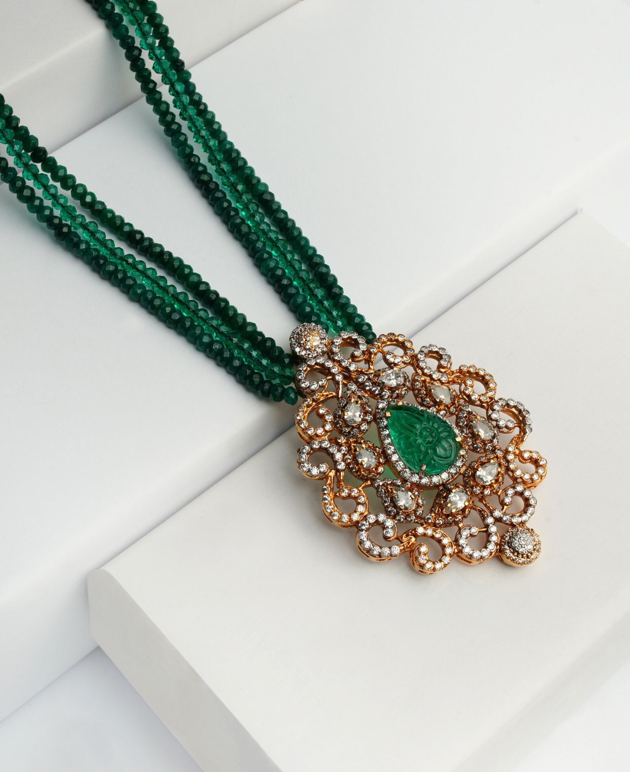 Green Carved Stone Polki Pendant