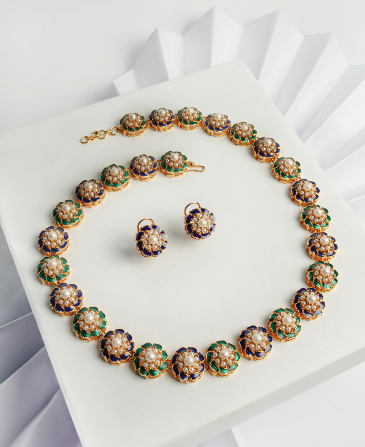 Pearl Green & Blue Enamel Maala