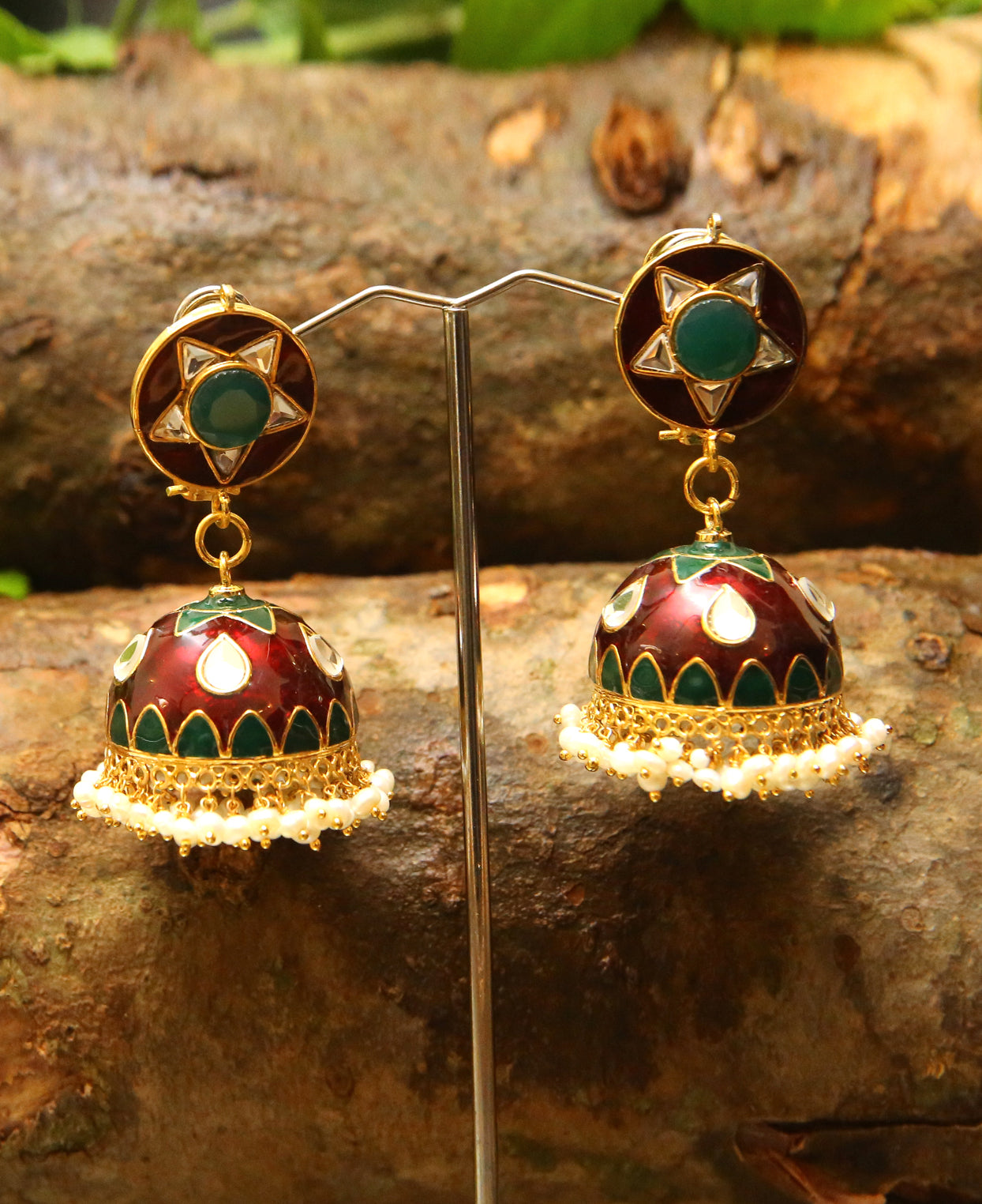 Pakistani Jhumkas in Green and Red Meena