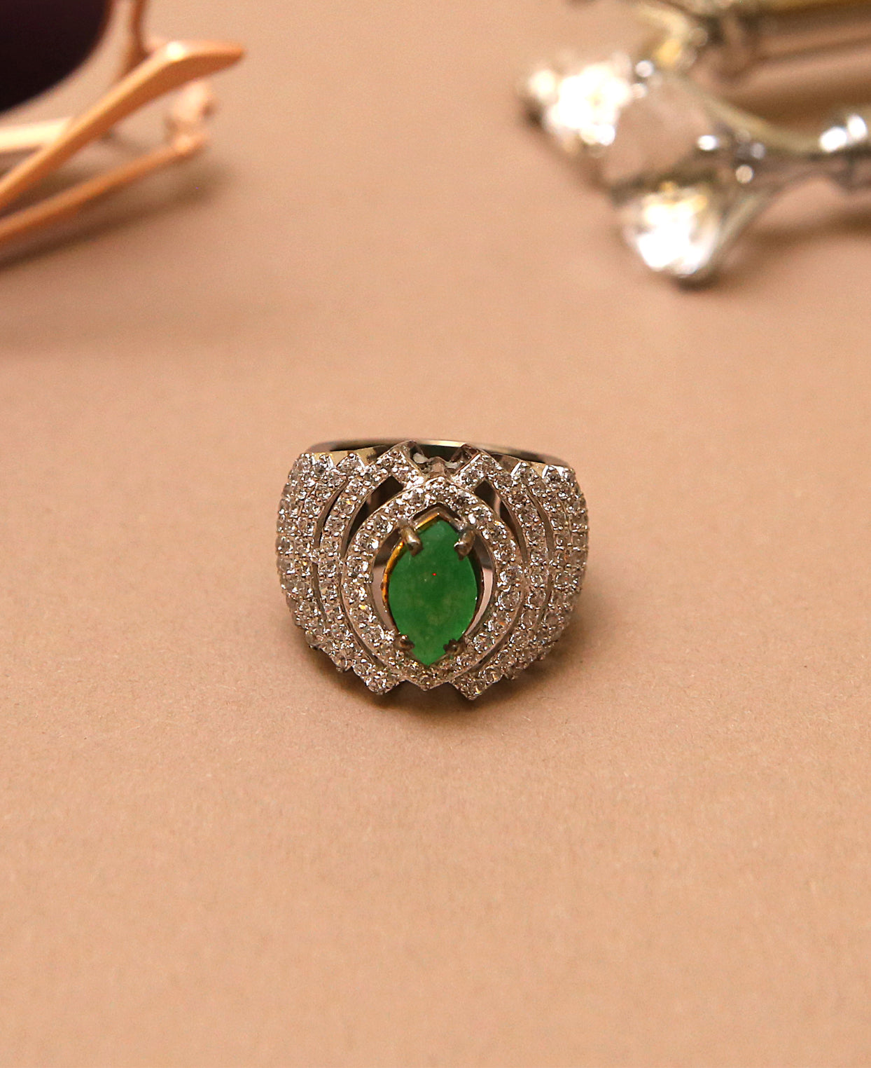 Jadeite and Clear Zircon Ring