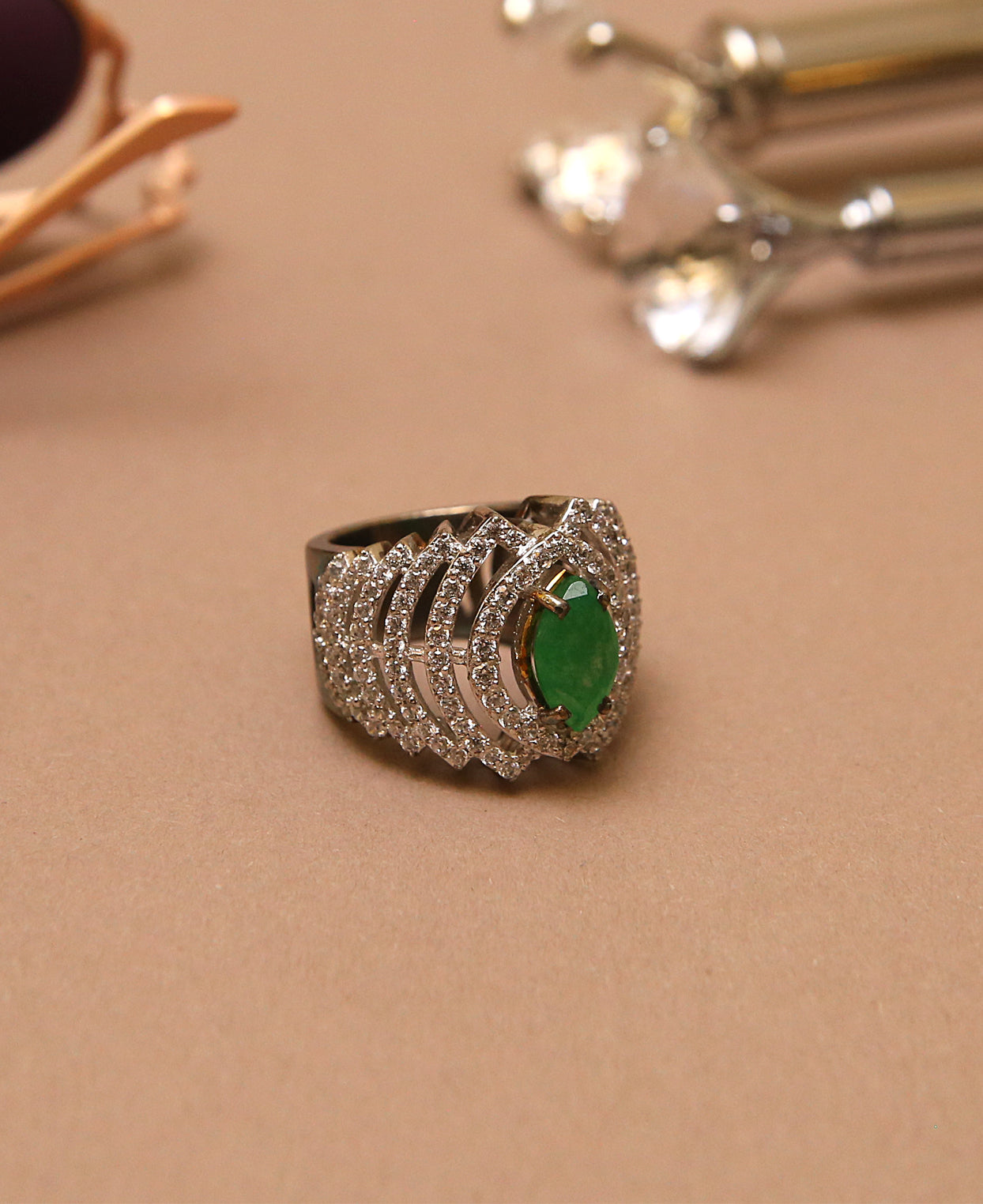 Jadeite and Clear Zircon Ring